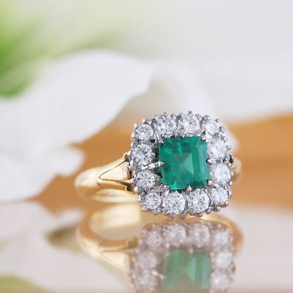 Circa 1910 Emerald &amp; Diamond Antique Cluster Ring