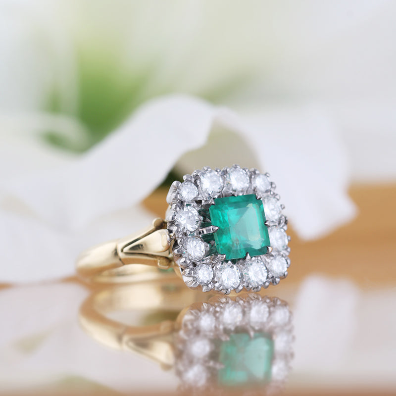 Circa 1910 Emerald &amp; Diamond Antique Cluster Ring