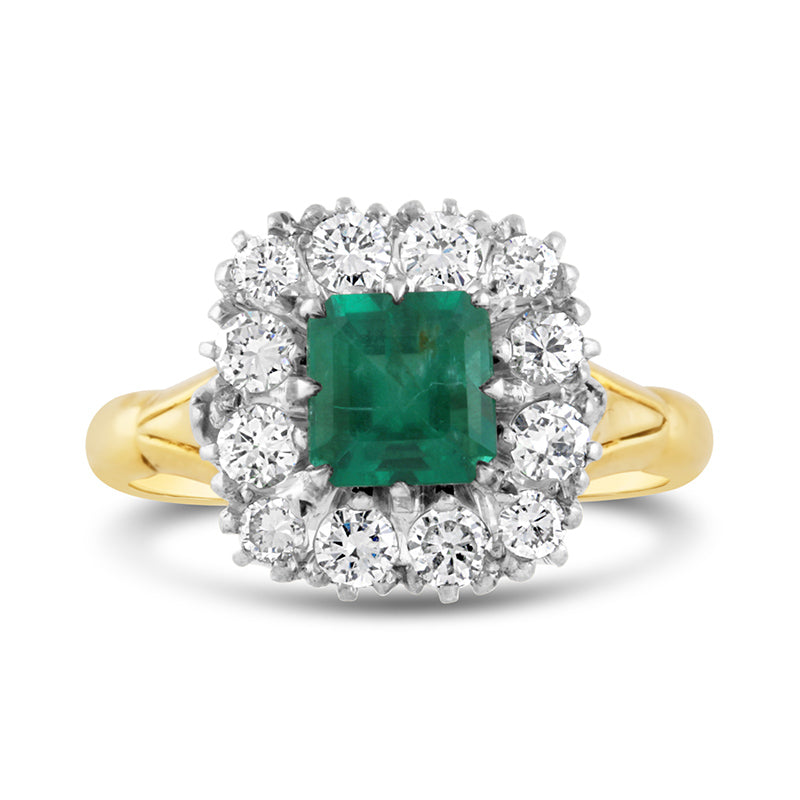 Circa 1910 Emerald &amp; Diamond Antique Cluster Ring