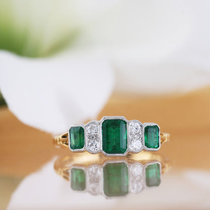 Emerald &amp; Diamond Vintage Seven Stone Ring