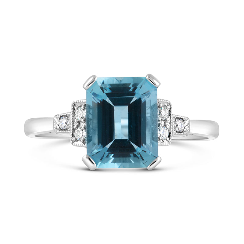 Emerald Cut Aquamarine &amp; Diamond Vintage Ring