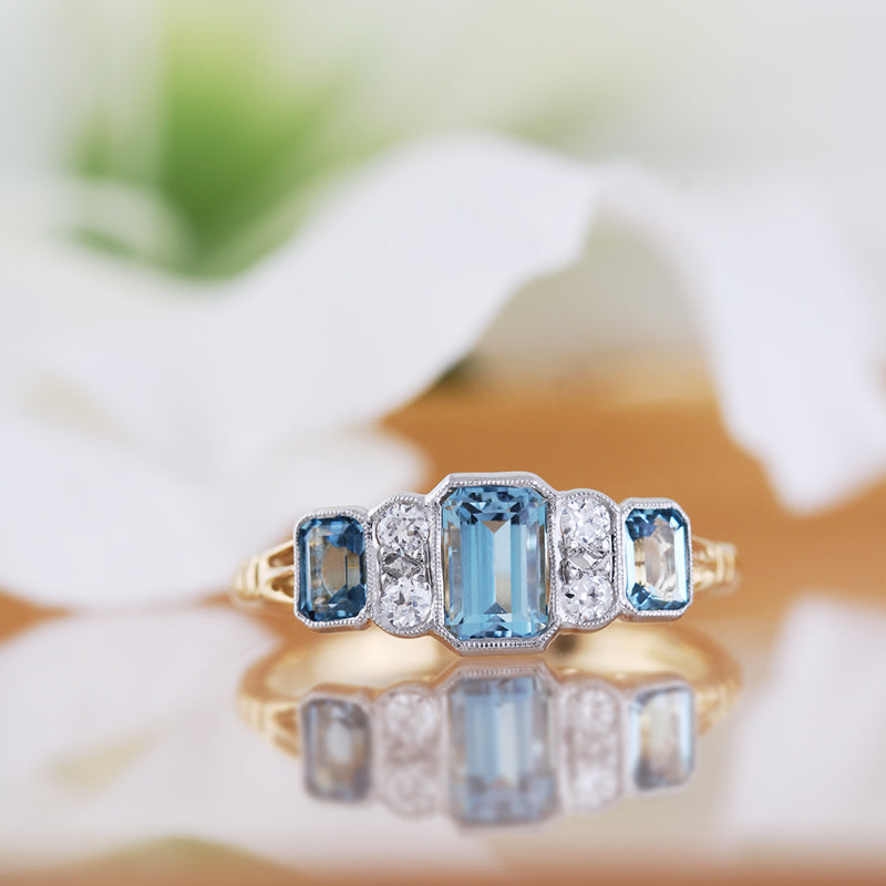 Aquamarine &amp; Diamond Vintage Seven Stone Ring