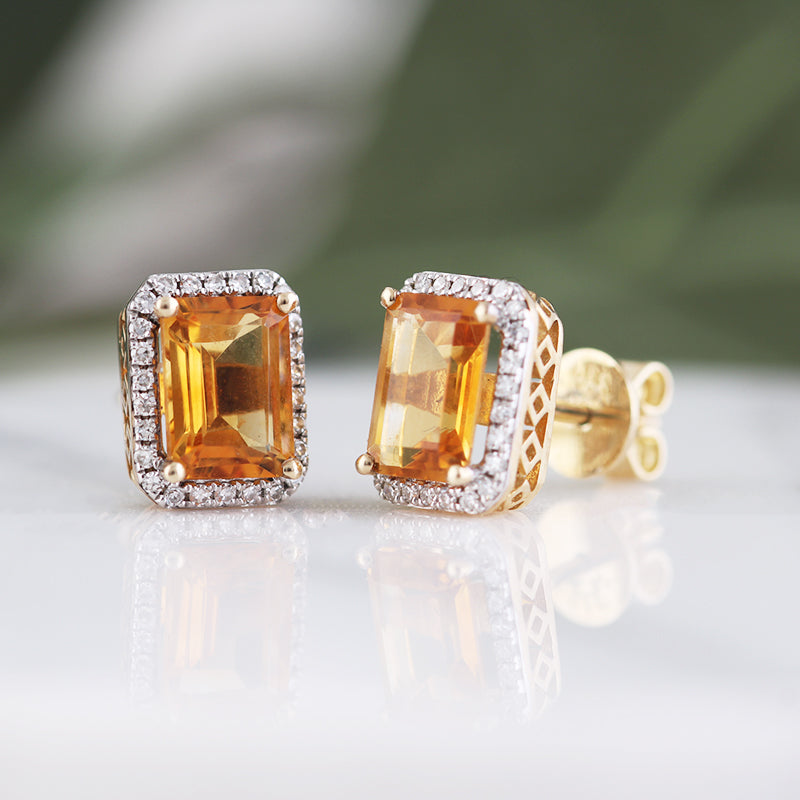 Citrine &amp; Diamond Halo Stud Earrings