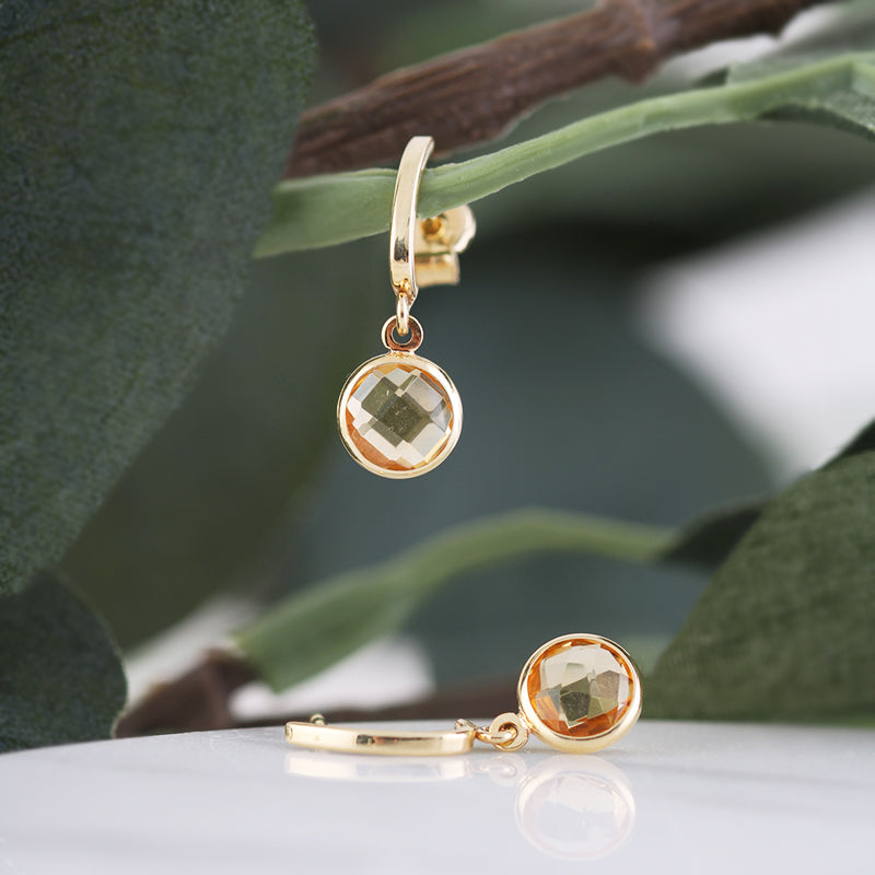 Round Citrine Charm Drop Earrings