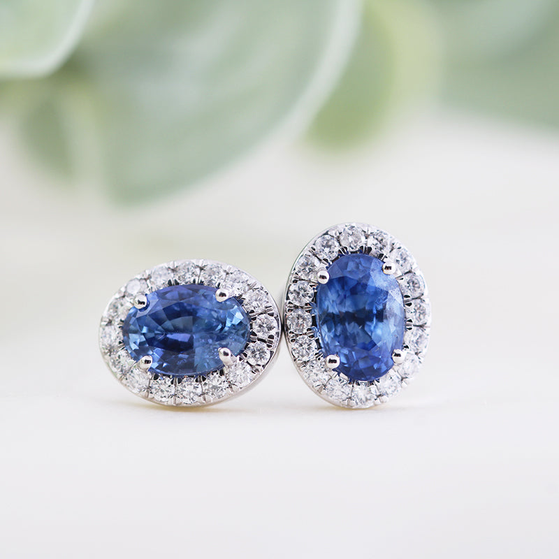 Oval Sapphire &amp; Diamond Halo Stud Earrings