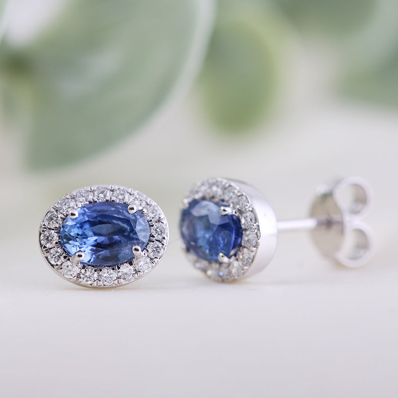 Oval Sapphire &amp; Diamond Halo Stud Earrings