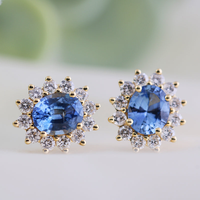 Oval Sapphire &amp; Diamond Cluster Stud Earrings