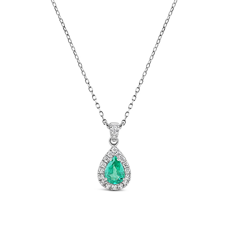 Pear Cut Emerald &amp; Diamond Halo Pendant