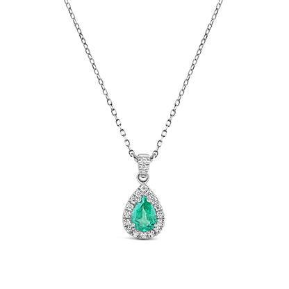 Pear Cut Emerald &amp; Diamond Halo Pendant