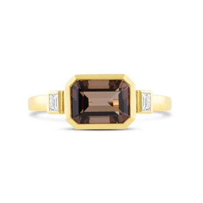 Emerald Cut Smoky Quartz &amp; Baguette Diamond Ring