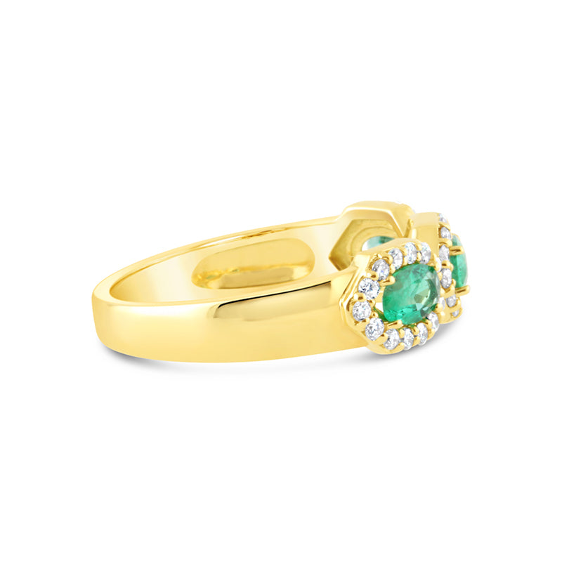 Oval Emerald &amp; Diamond Three Stone Halo Ring