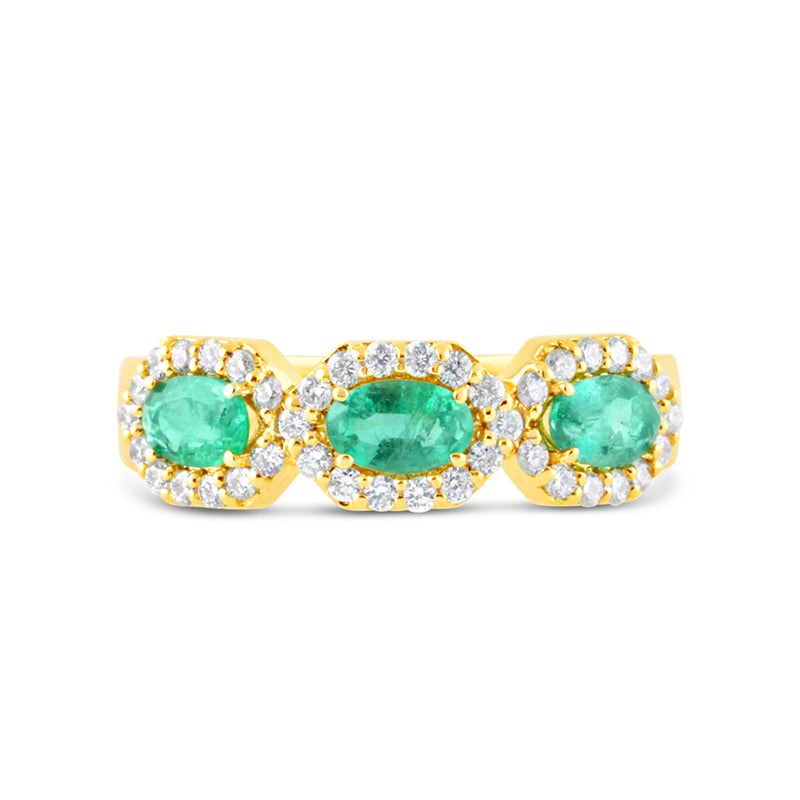 Oval Emerald &amp; Diamond Three Stone Halo Ring