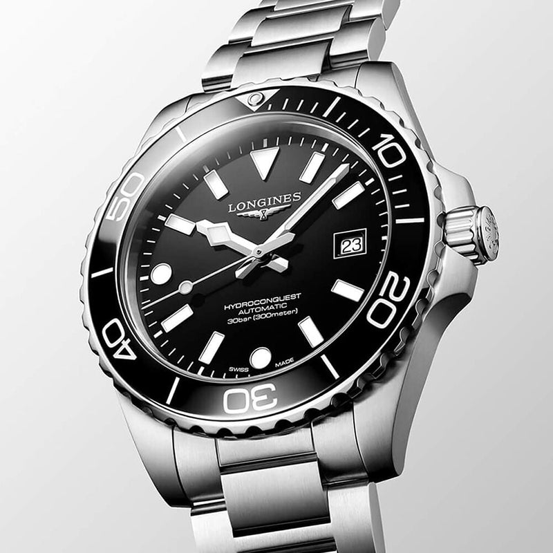 HydroConquest Black Dial &amp; Bezel Steel Bracelet Watch L37884566 42mm