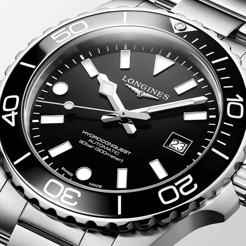 HydroConquest Black Dial &amp; Bezel Steel Bracelet Watch L37884566 42mm