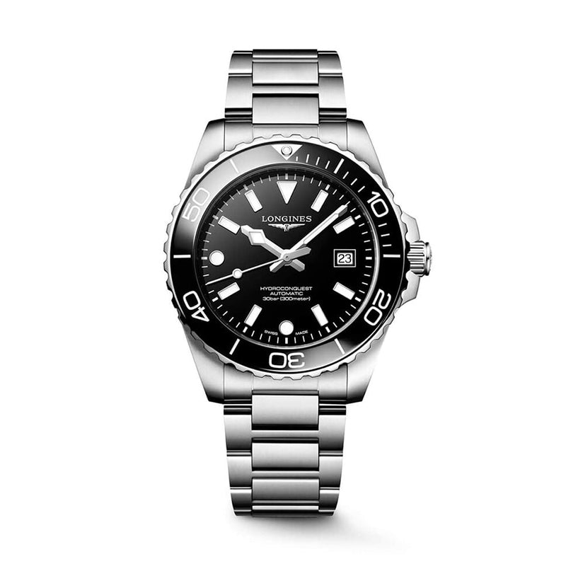 HydroConquest Black Dial & Bezel Steel Bracelet Watch L37884566 42mm