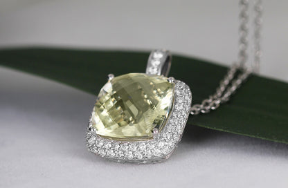 Rocks Lemon Quartz &amp; Diamond Cushion Halo Pendant