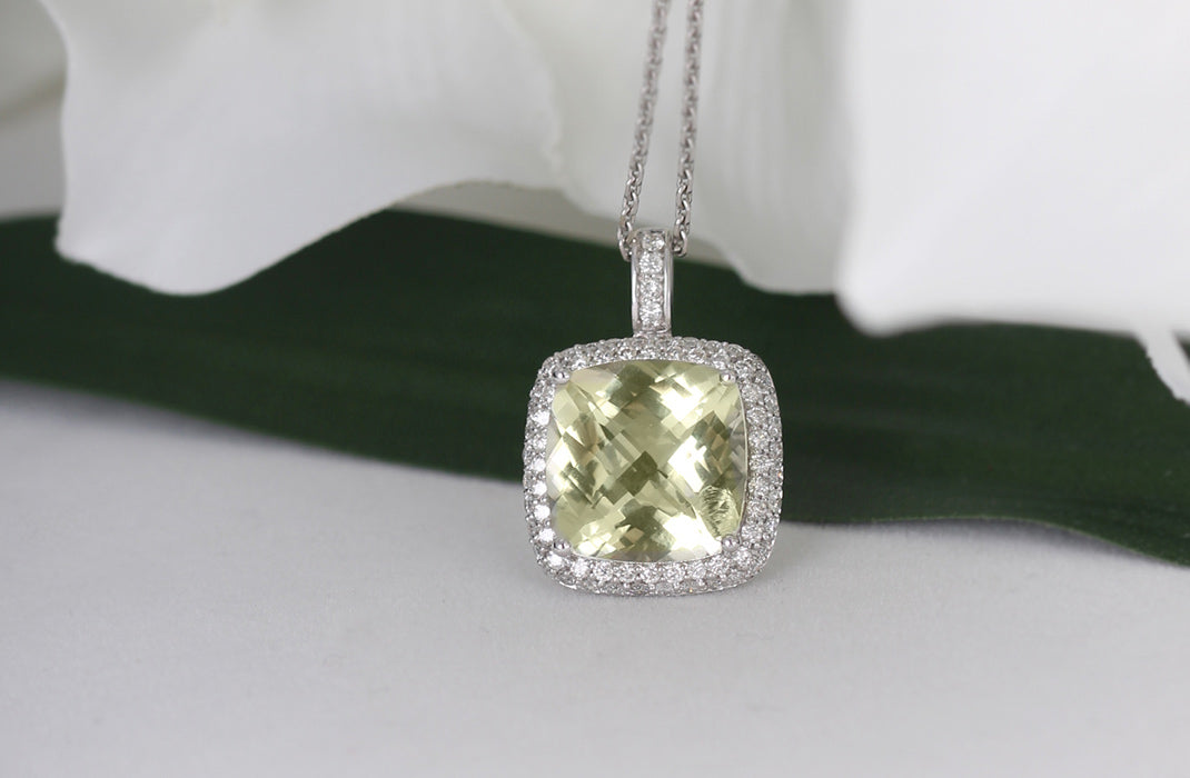 Rocks Lemon Quartz &amp; Diamond Cushion Halo Pendant