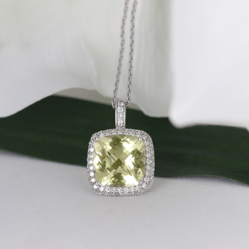 Rocks Lemon Quartz &amp; Diamond Cushion Halo Pendant