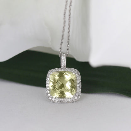 Rocks Lemon Quartz &amp; Diamond Cushion Halo Pendant