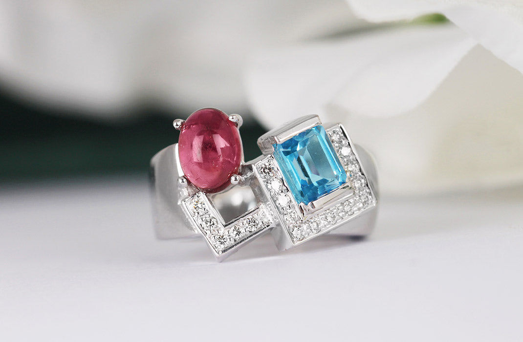 Pink Tourmaline, Blue Topaz &amp; Diamond Ring