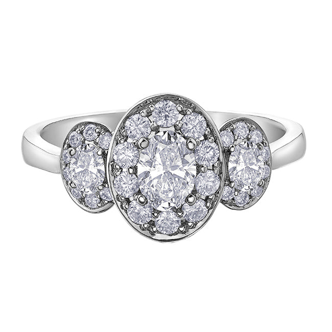 Oval &amp; Round Brilliant Three Stone Halo Engagement Ring