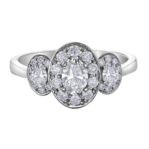 Oval & Round Brilliant Three Stone Halo Engagement Ring