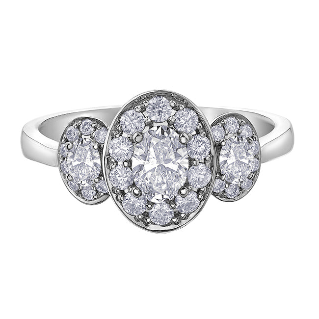 Oval & Round Brilliant Three Stone Halo Engagement Ring