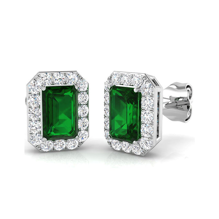 Rocks Emerald &amp; Diamond Halo Stud Earrings