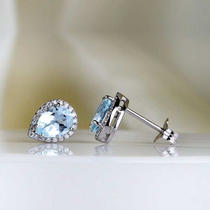 Rocks Pear Aquamarine &amp; Diamond Halo Stud Earrings