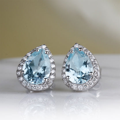 Rocks Pear Aquamarine &amp; Diamond Halo Stud Earrings