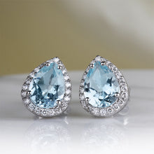 Load image into Gallery viewer, Rocks Pear Aquamarine &amp; Diamond Halo Stud Earrings