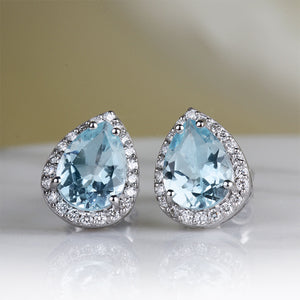 Rocks Pear Aquamarine & Diamond Halo Stud Earrings