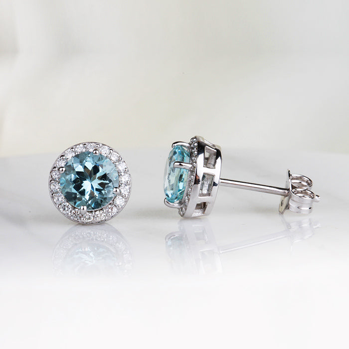 Rocks Round Aquamarine &amp; Diamond Halo Stud Earrings