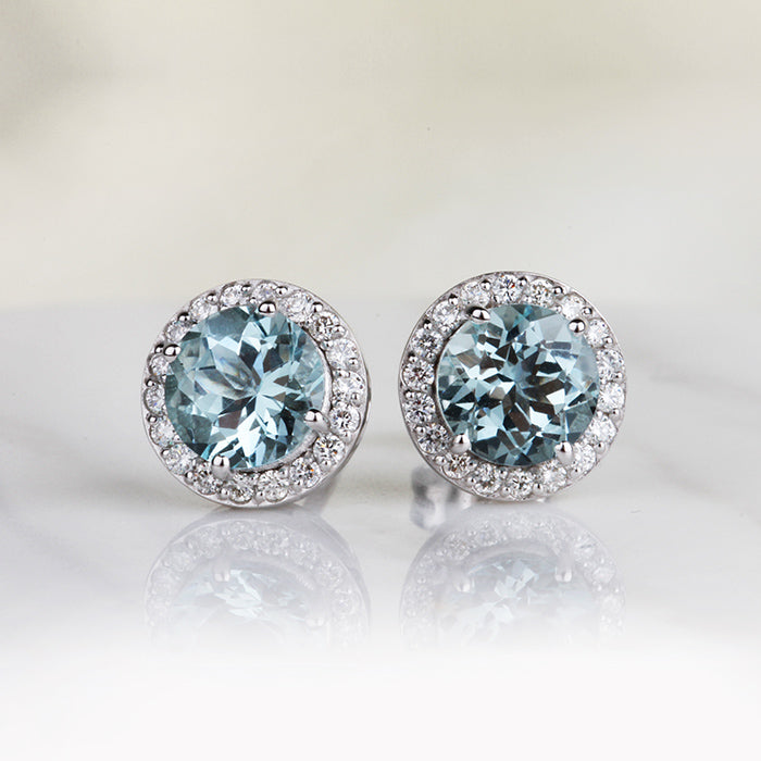 Rocks Round Aquamarine &amp; Diamond Halo Stud Earrings