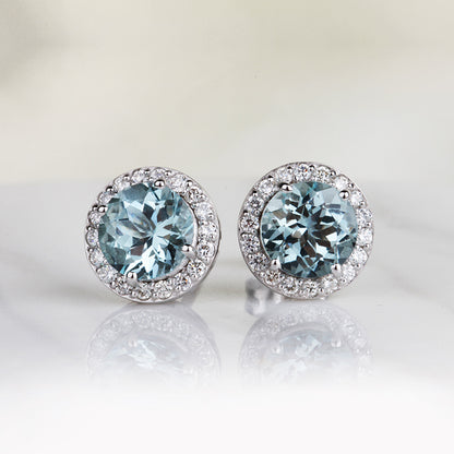 Rocks Round Aquamarine &amp; Diamond Halo Stud Earrings