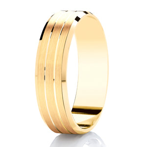 Yellow Gold Flat Court Tramlines Bevelled Edge Wedding Ring